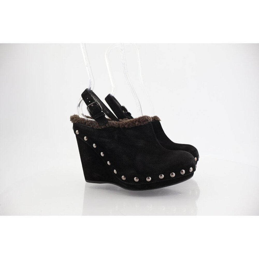 Stuart Weitzman Clogger Mules Women's Size 5.5 Black Wedge Platform Suede Fur - Picture 1 of 12